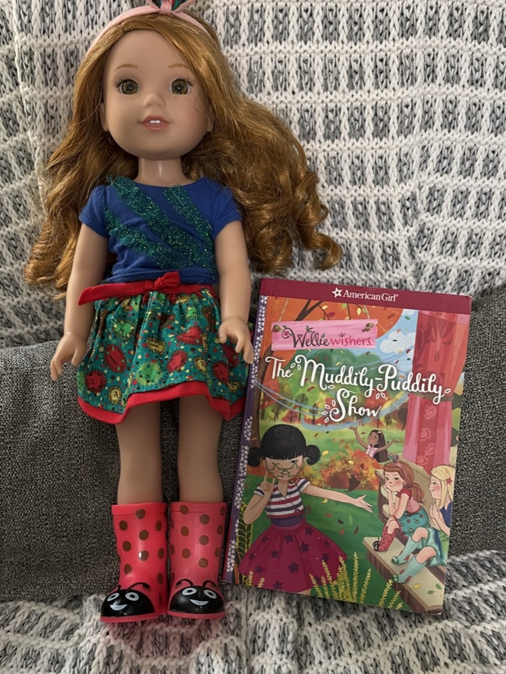 American Girl WellieWishers Doll with Blue Top Green Floral Skirt and Pink Boots